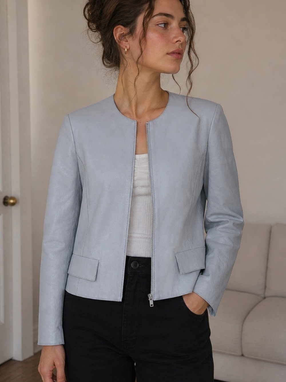 Akris Punto Lamb Leather Jacket Blue Collarless Zip Minimalist Size 4